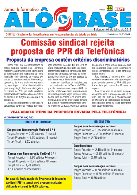 ComissÃ£o sindical rejeita proposta de PPR/2016 da TelefÃ´nica 
